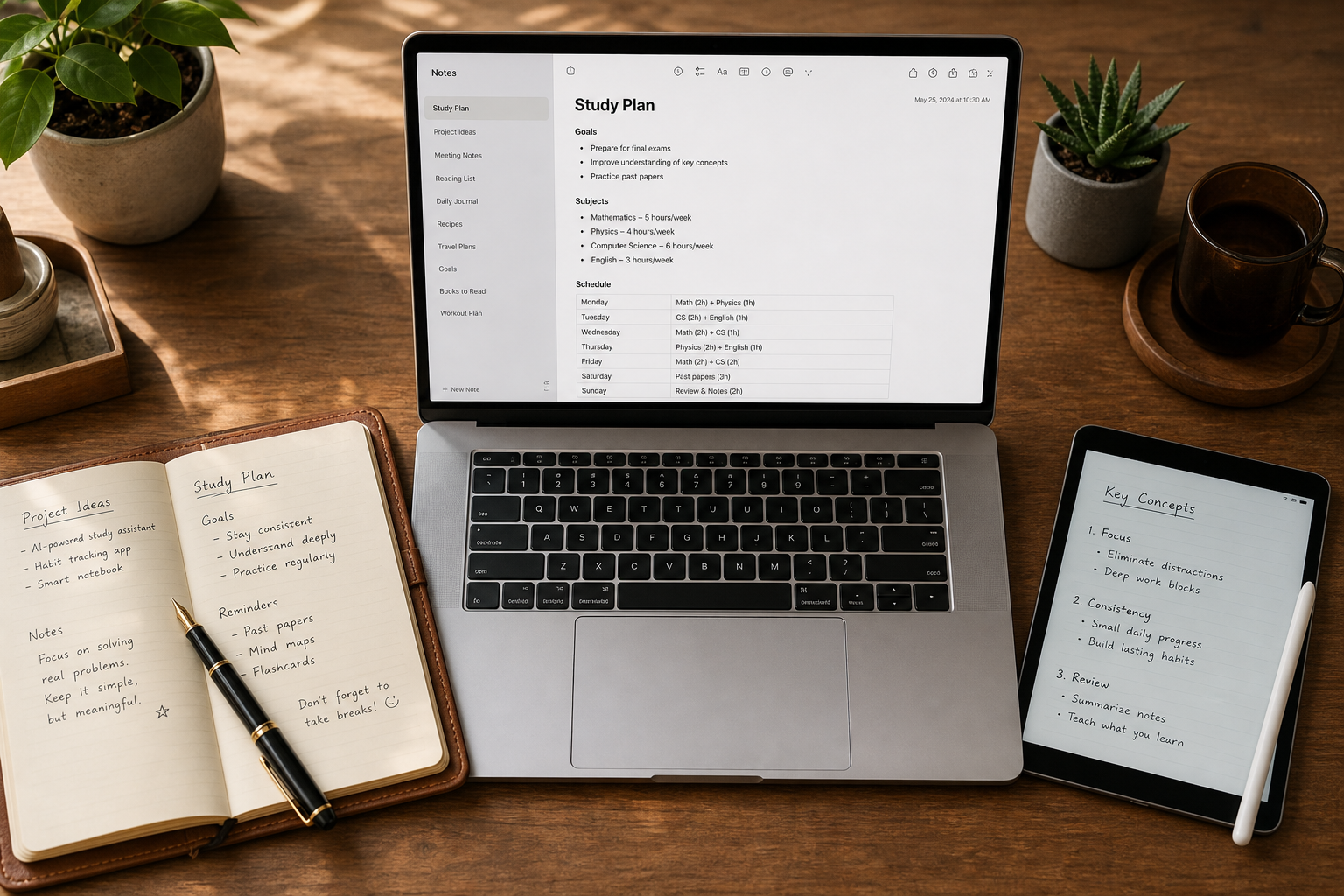 A top-down flat-lay of a wooden desk with a silver MacBook open to a note-taking app with bullet points, a leather-bound notebook with handwritten notes and a fountain pen on the left, and a tablet with a stylus on the right, all under warm natural lighting.