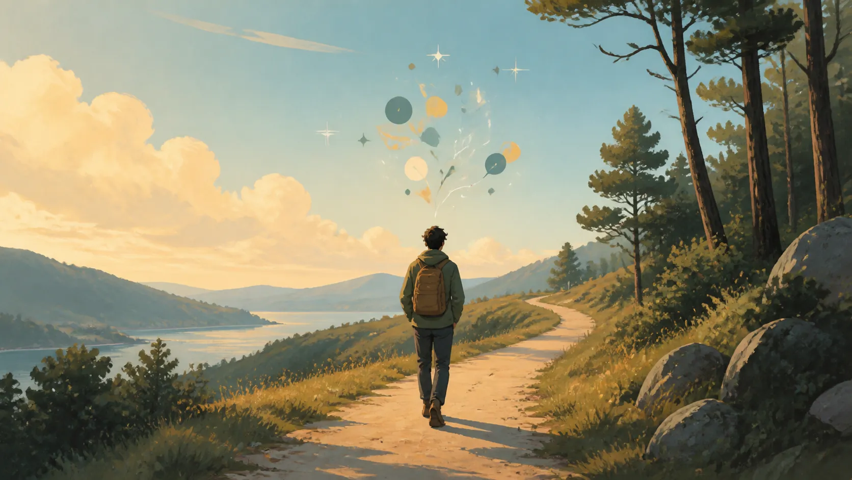 Person walking alone on a winding trail, suggesting creative thinking and mental restoration