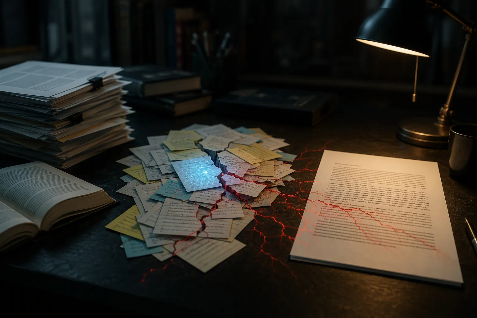 Research desk with source documents, cracked note cards, and a manuscript showing errors flowing from notes into a final script