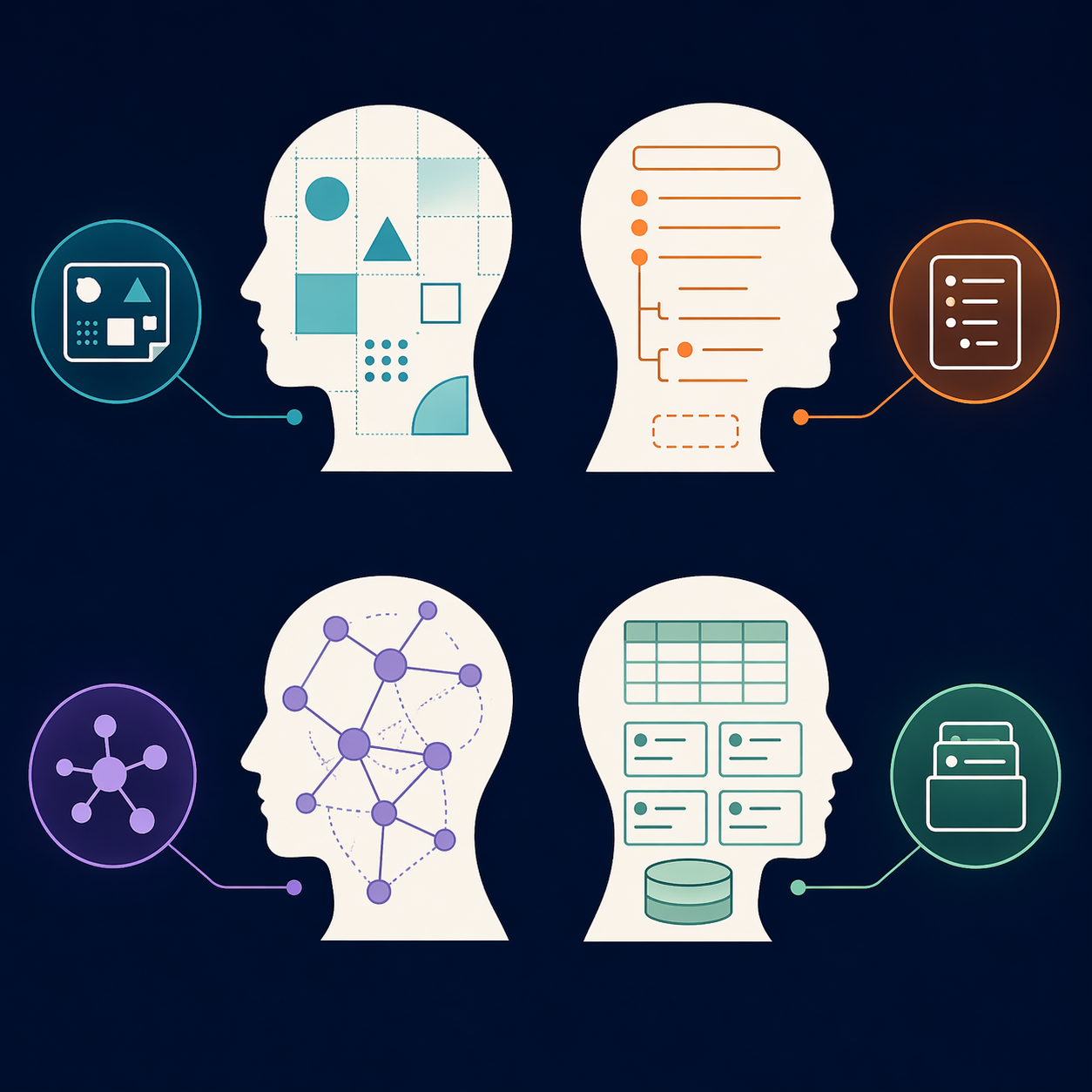 Four quadrant illustration showing visual, linear, networked, and structured thinker silhouettes linked to PKM tool icons.