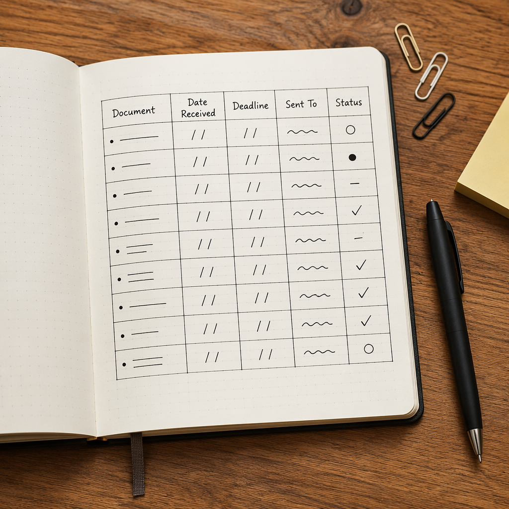 Notebook page with a hand-drawn tracking table for claim dates and follow-ups