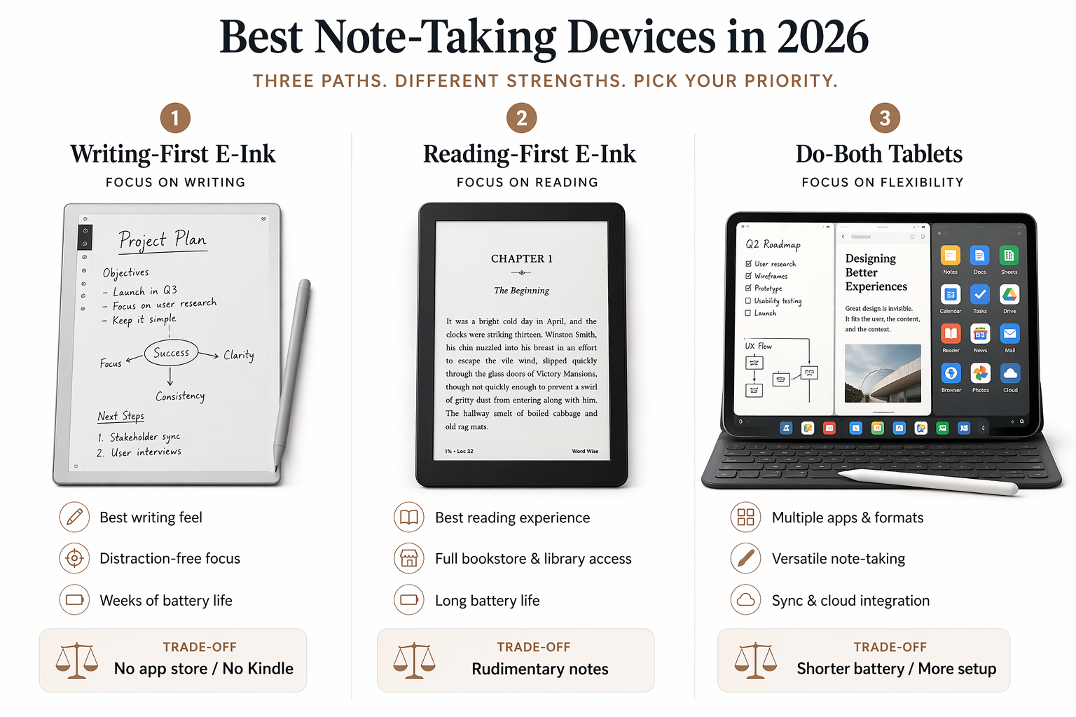 Comparison of writing-first, reading-first, and do-both note-taking device lanes with their main trade-offs