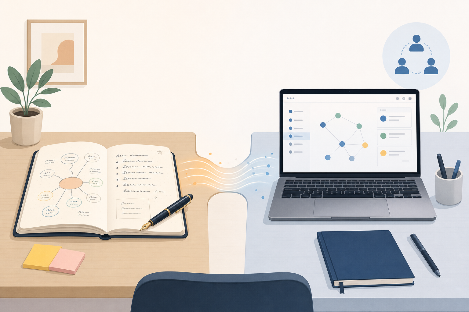 A desk split into two zones: a personal thinking space with notebook and mind map on the left, connected by a flow line to a team collaboration zone with a laptop on the right.