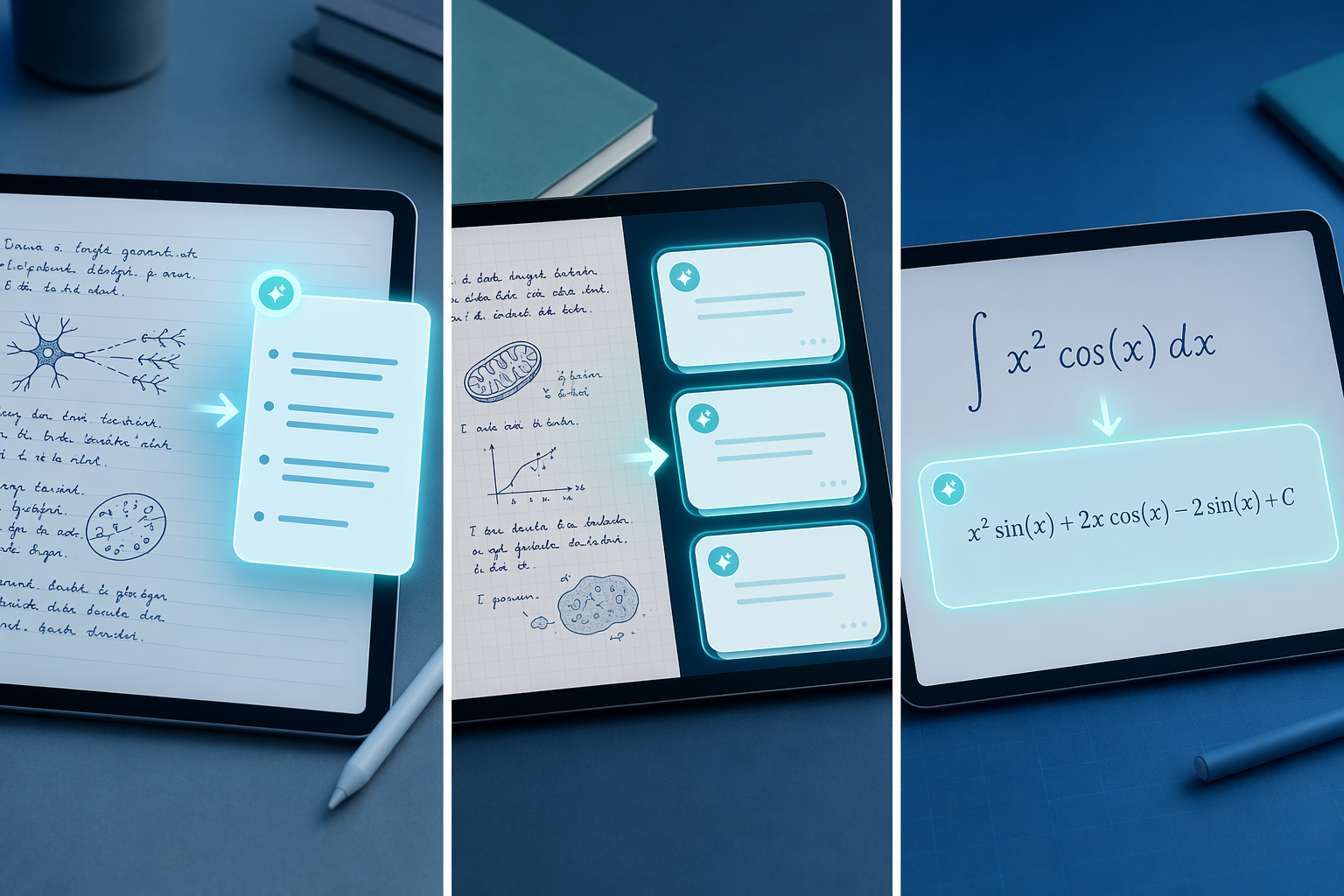 A three-panel editorial illustration showing AI-powered handwriting features: left panel handwritten lecture notes being automatically summarized into bullet points, center panel handwritten study notes transforming into digital flashcards, right panel a handwritten math equation being solved live on screen.