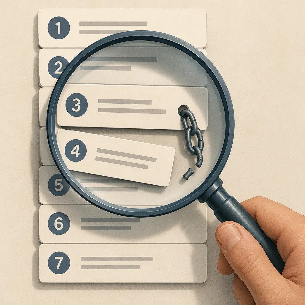 Magnifying glass over numbered source cards with one broken citation link