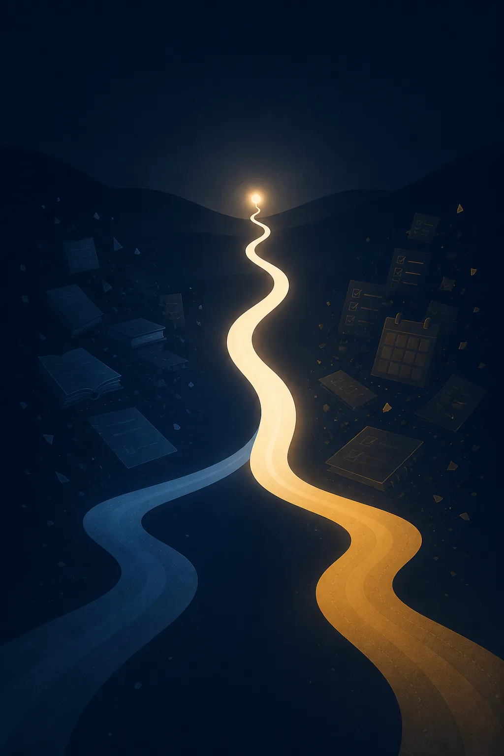 Two winding paths converging into one glowing road while planners, books, and calendars fade into the background