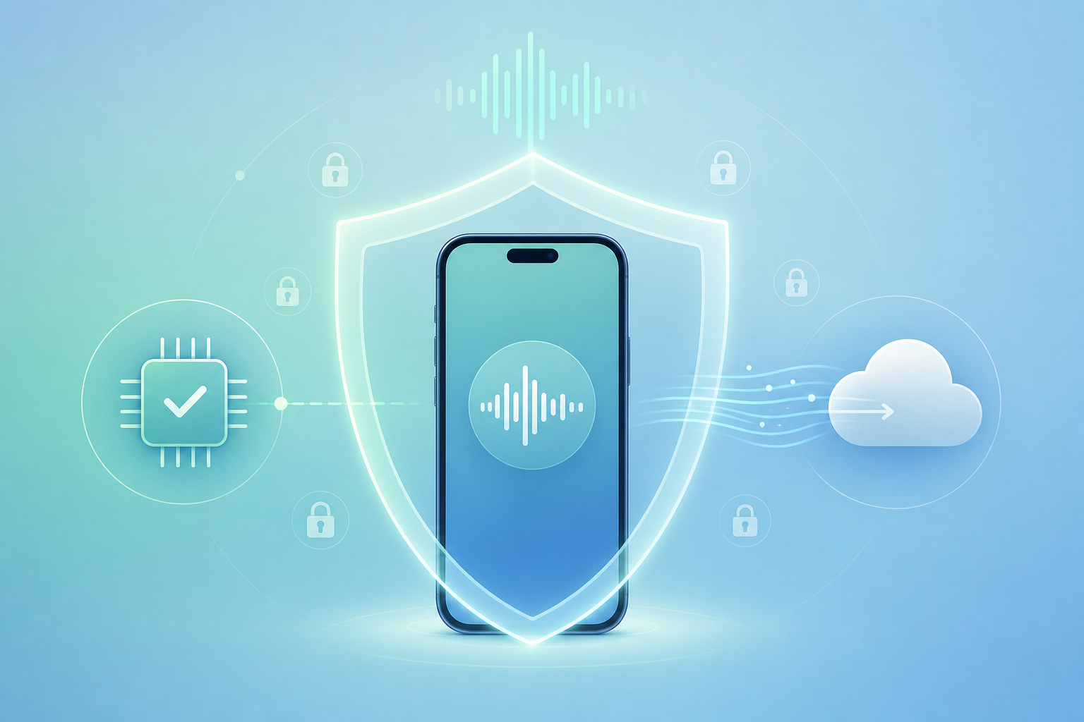 Editorial illustration of a smartphone with a waveform icon inside a transparent shield, surrounded by padlock icons, with a local processor chip on one side and a cloud icon on the other.