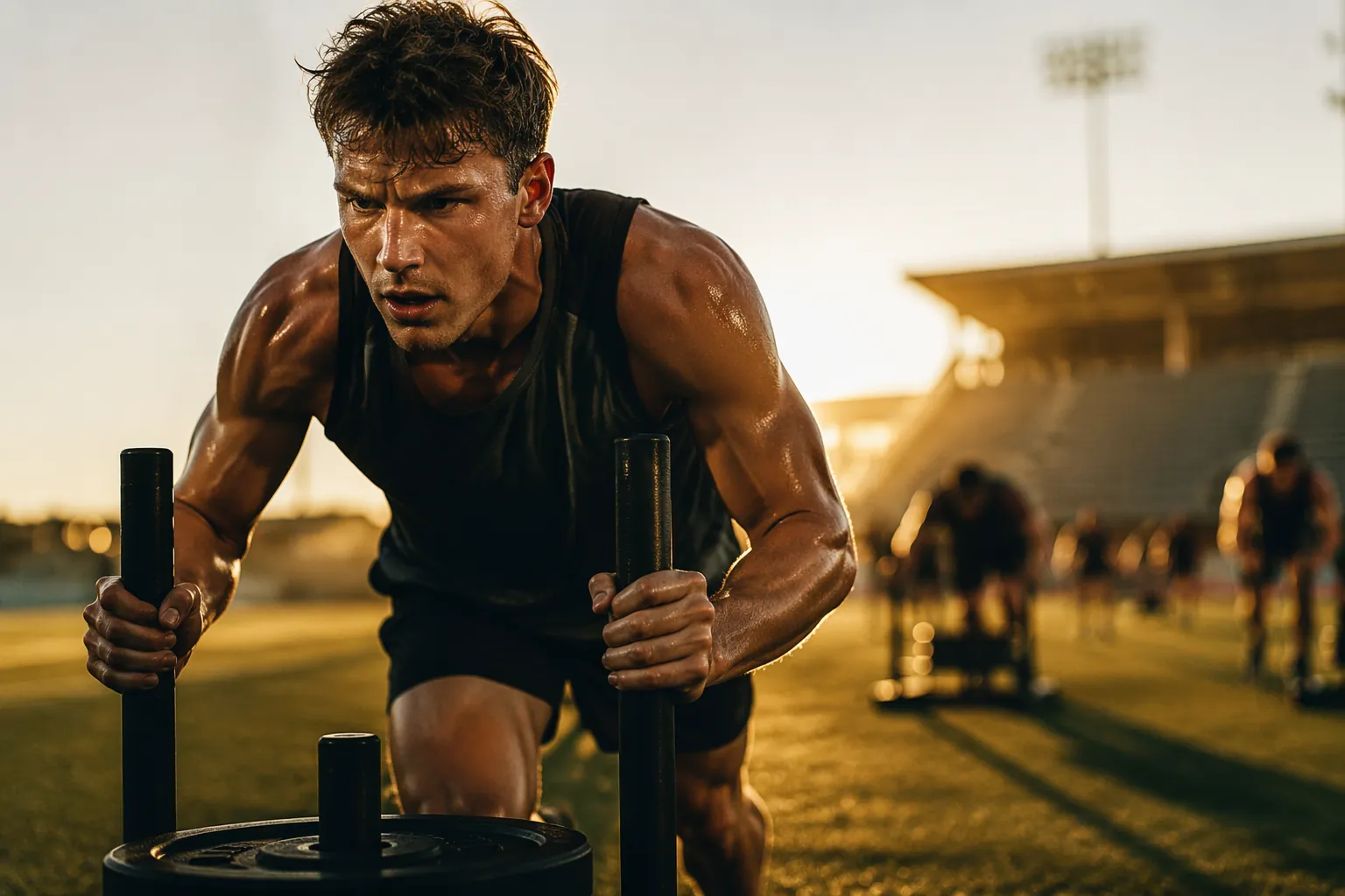 Athlete training intensely on a field with sweat, focus, and a distant competition setting in golden hour light