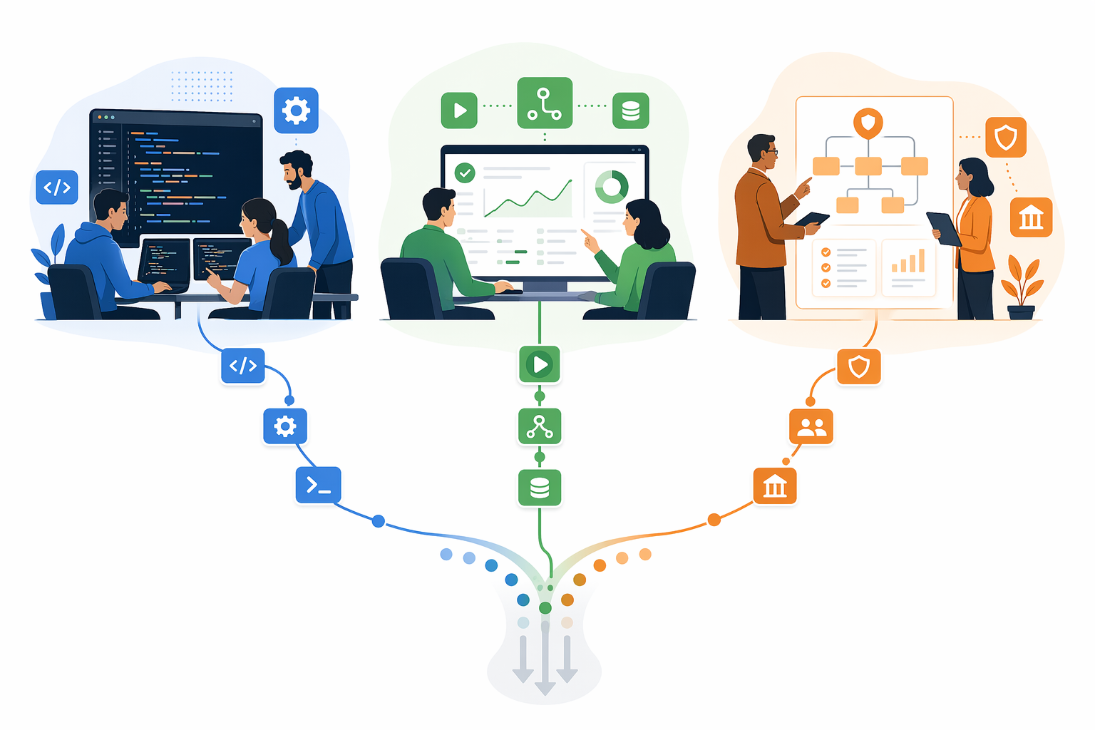 Three workflow orchestration paths for developer teams, operations teams, and enterprise IT