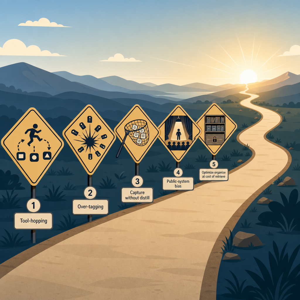 A flat vector illustration showing a path with five warning sign icons representing common PKM traps.
