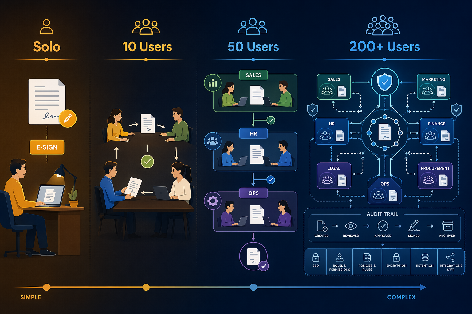 A flat vector illustration showing four progressive document workflow scenarios at different team scales: solo worker, small team of 10, mid-market team of 50 with departmental zones, and enterprise with 200+ users and complex compliance structures.