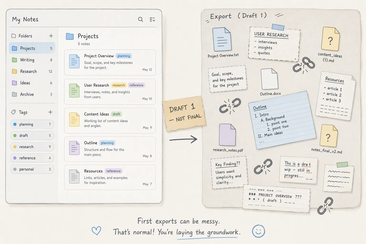 A clean note interface beside a messy first export labeled Draft 1, not final