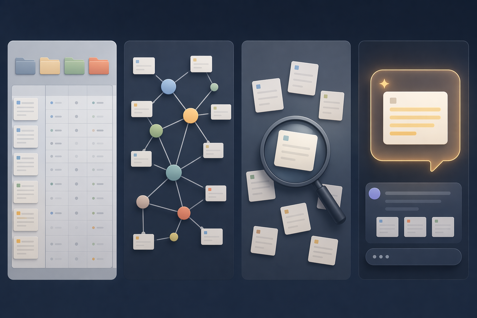 A comparison grid showing database, graph, flat search, and AI-cited note retrieval architectures.
