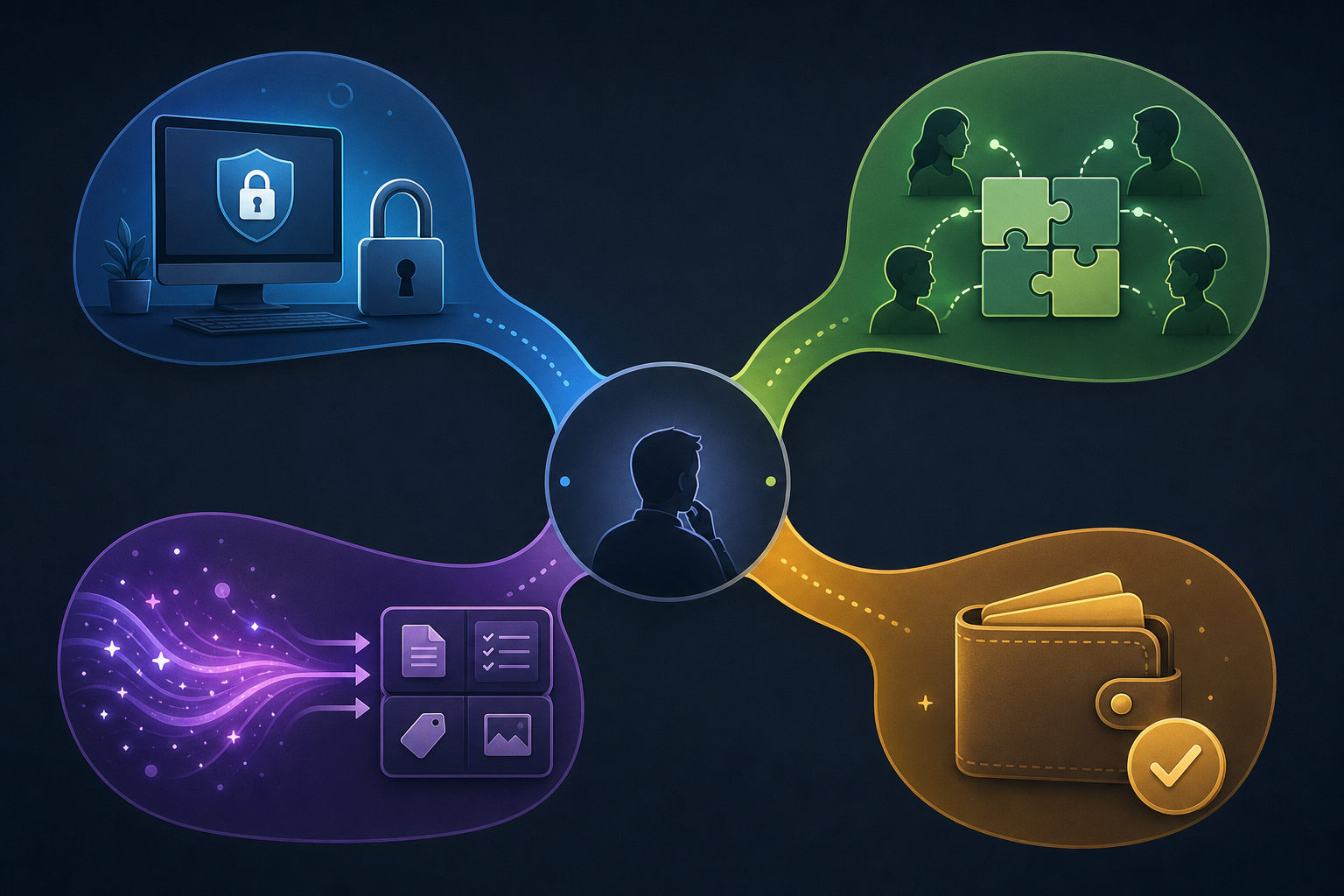 A decision framework showing four branching pathways: local privacy, team collaboration, AI workflows, and budget-friendly options.
