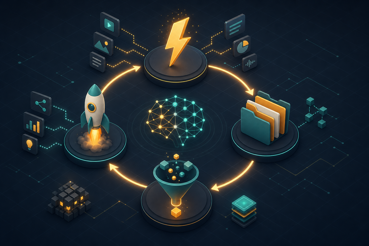 Isometric flat illustration on a dark slate background with amber and teal accents showing four interconnected nodes arranged in a clockwise cycle: a lightning bolt for Capture, folders for Organize, a funnel for Distill, and a rocket for Express, connected by glowing arrows on a subtle grid-line workspace.