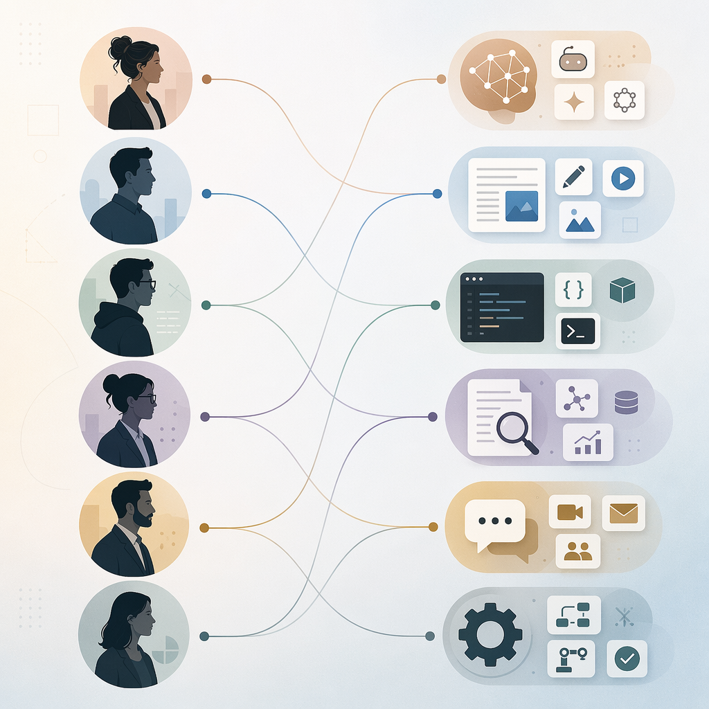 Role-to-tool matching matrix connecting professional roles to AI tool clusters