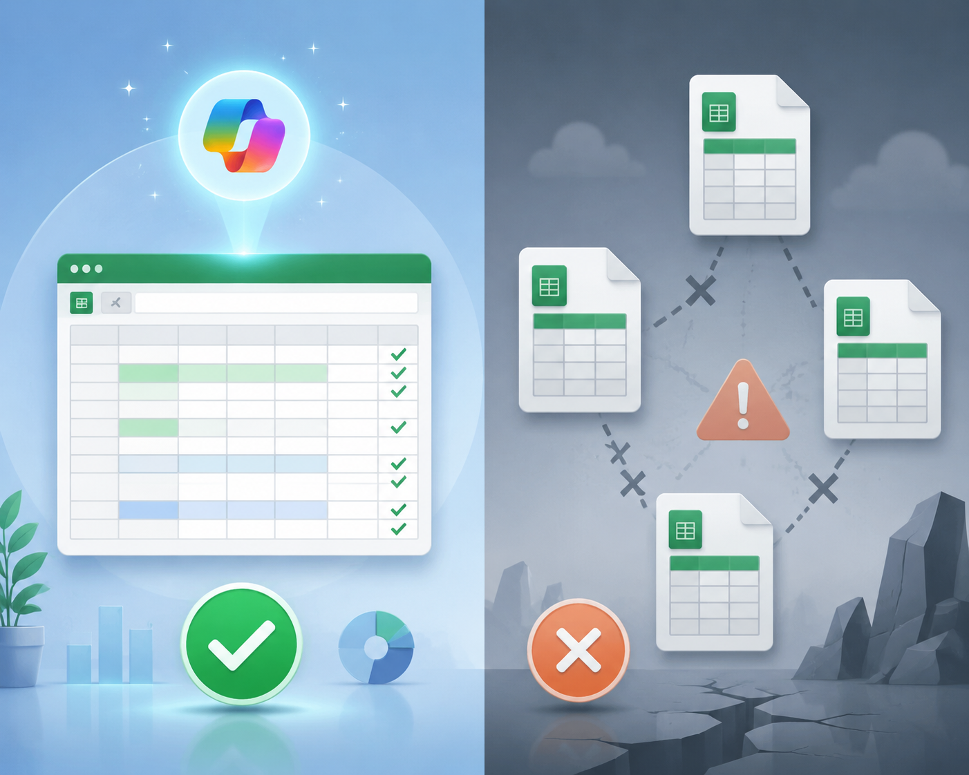 Comparison of one structured spreadsheet working with Copilot versus multiple separate spreadsheets failing to connect