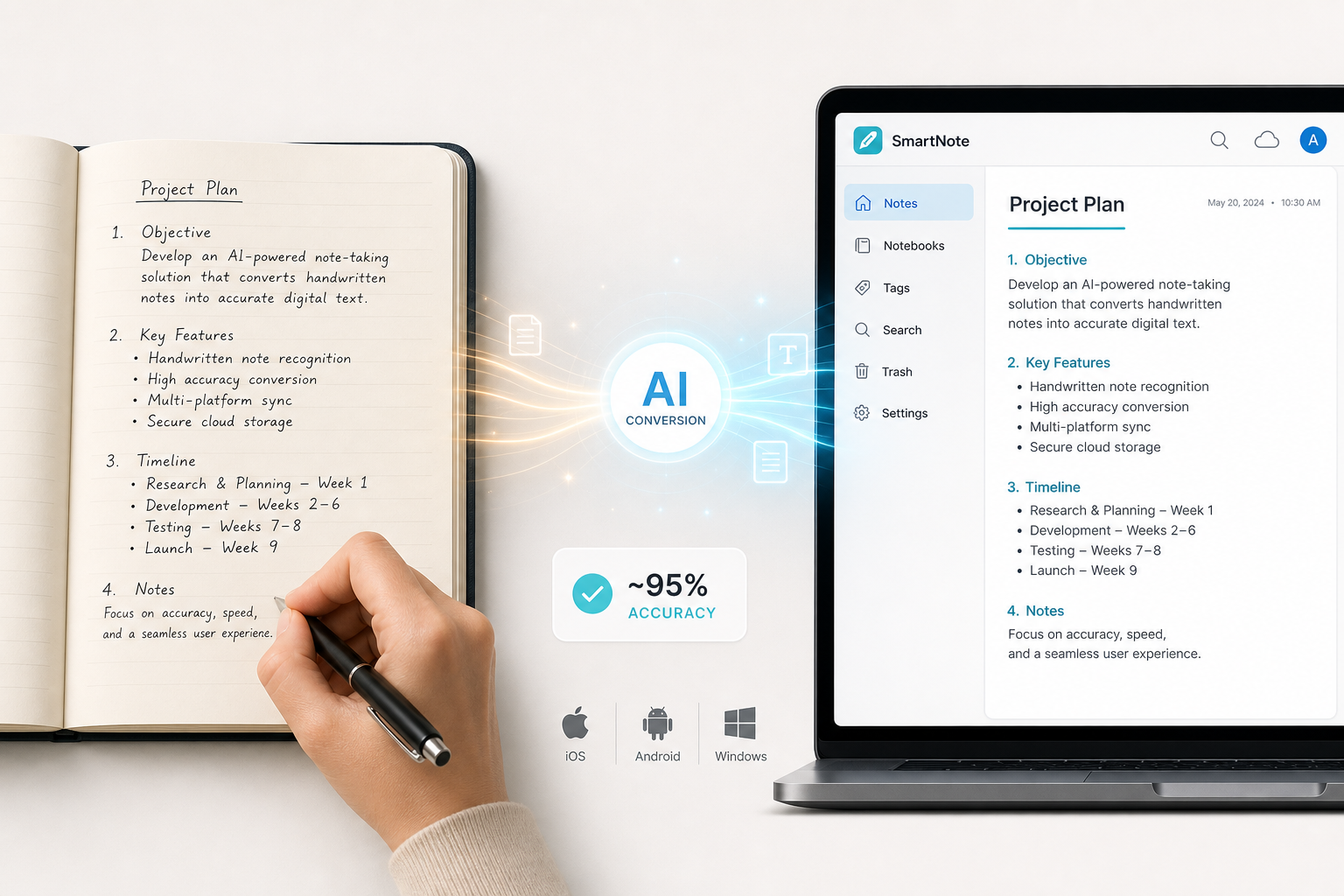 A split-screen illustration showing a hand writing in a notebook on the left, a laptop with digital text on the right, and a glowing teal bridge connecting them with a 95% accuracy badge.