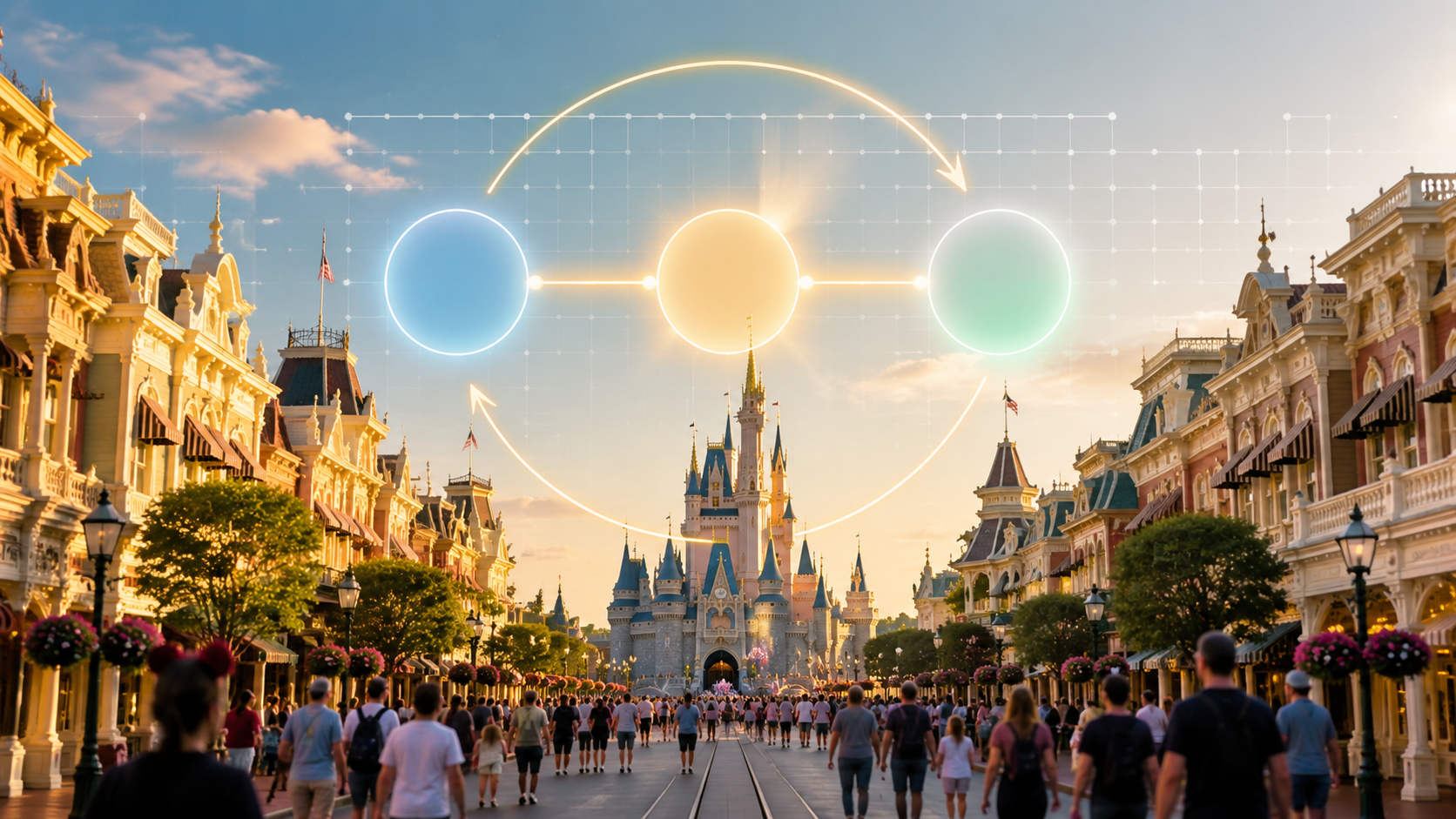 Disney park Main Street with Cinderella Castle, calendar grid, workflow arrows, and three connected planning circles