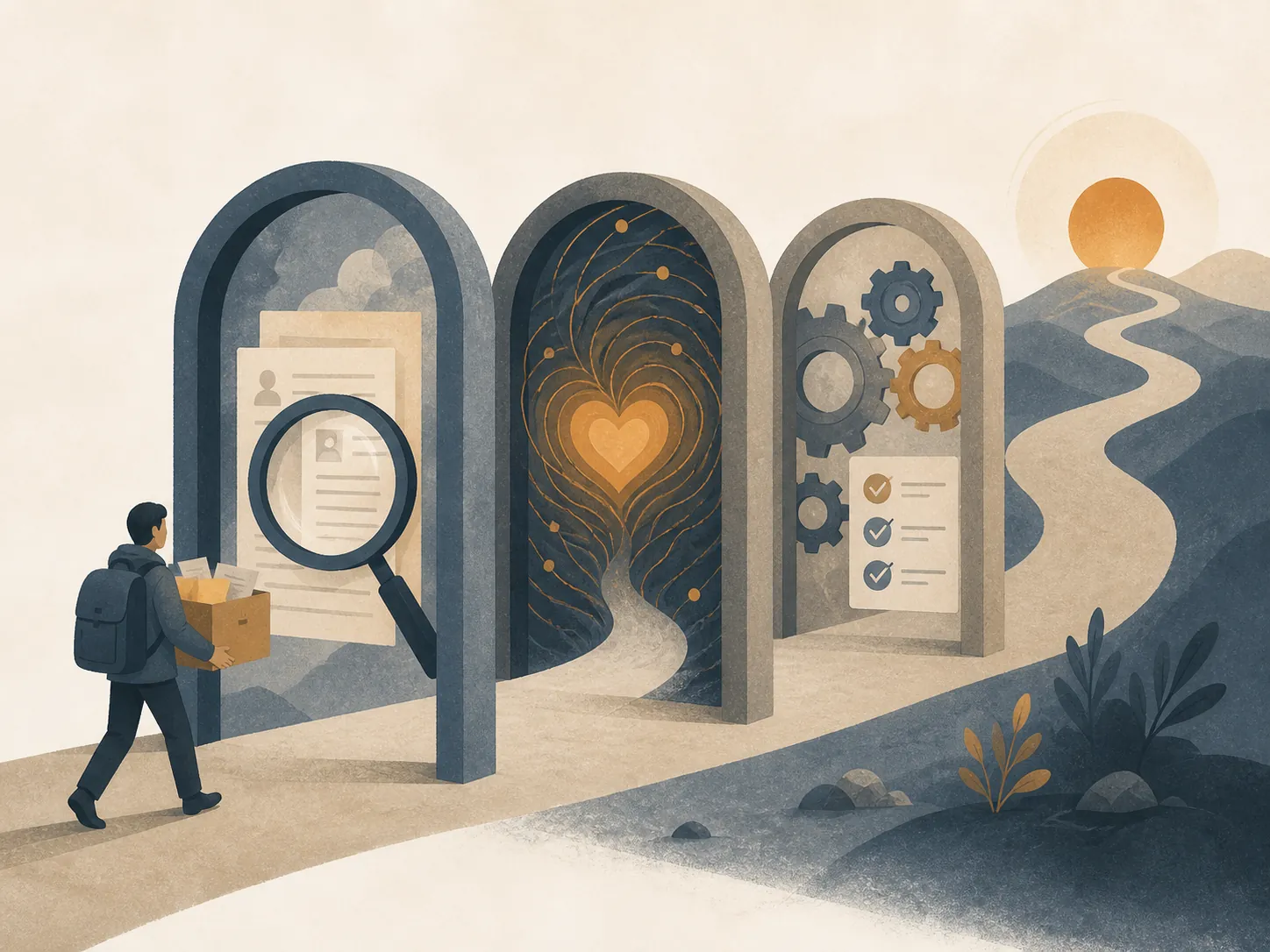 A person carrying notes passes through gates representing learning, psychological, and compliance costs