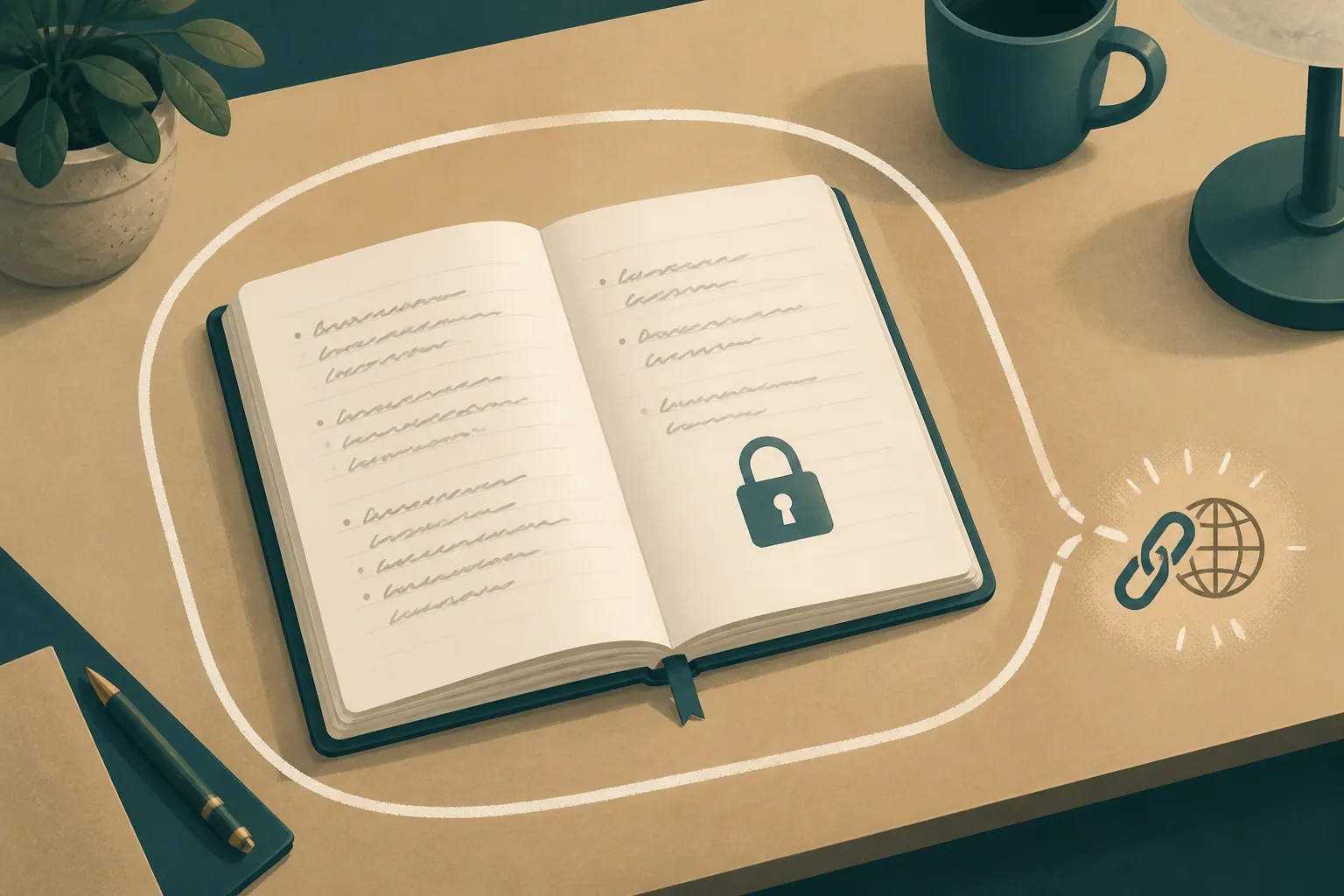 Open notebook inside a protective boundary, with private notes separated from a public link icon