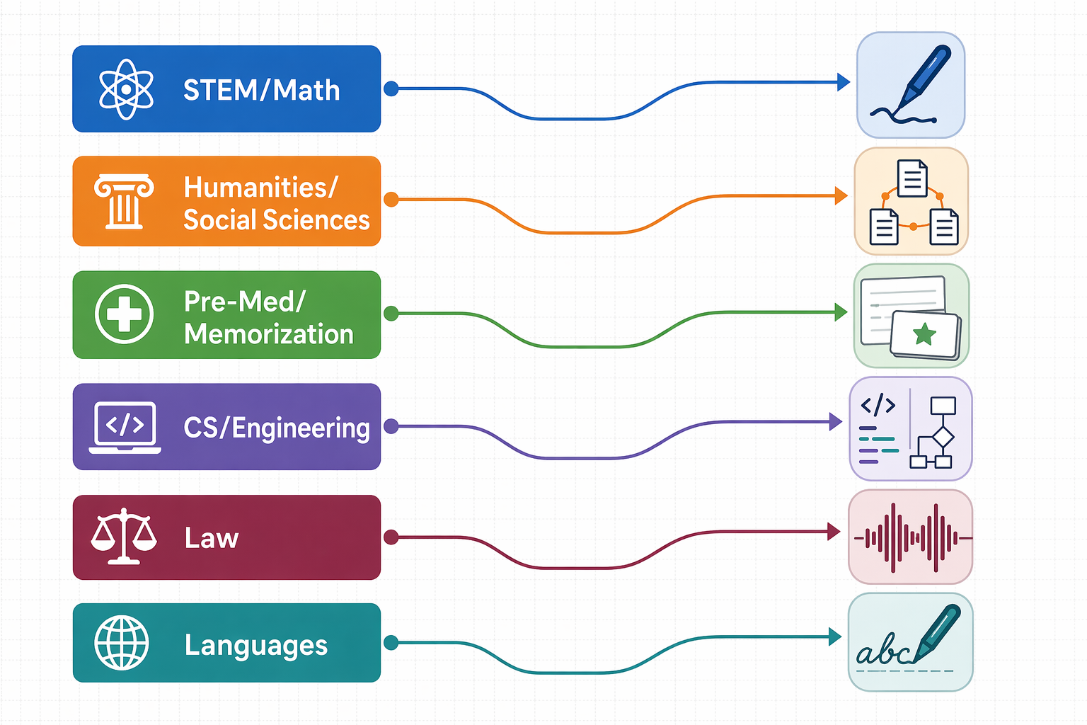 Decision-flow illustration matching college majors to note-taking workflows such as stylus notes, linked networks, flashcards, code diagrams, audio, and handwriting