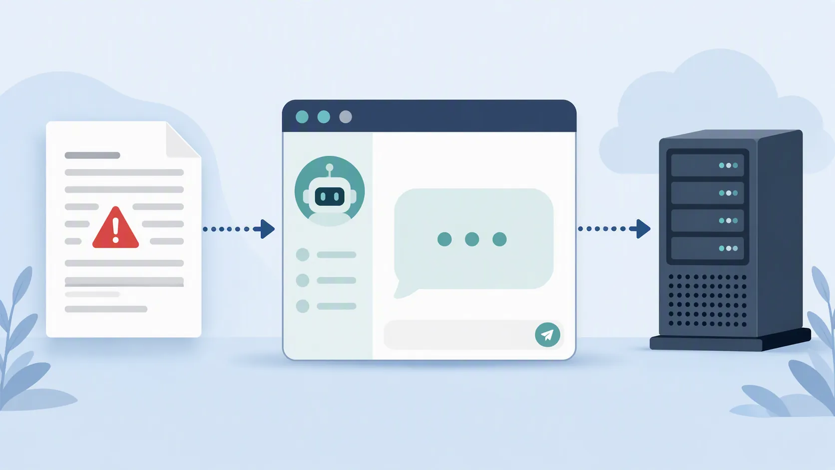 An untrusted document feeding into an AI assistant window and then toward a server icon