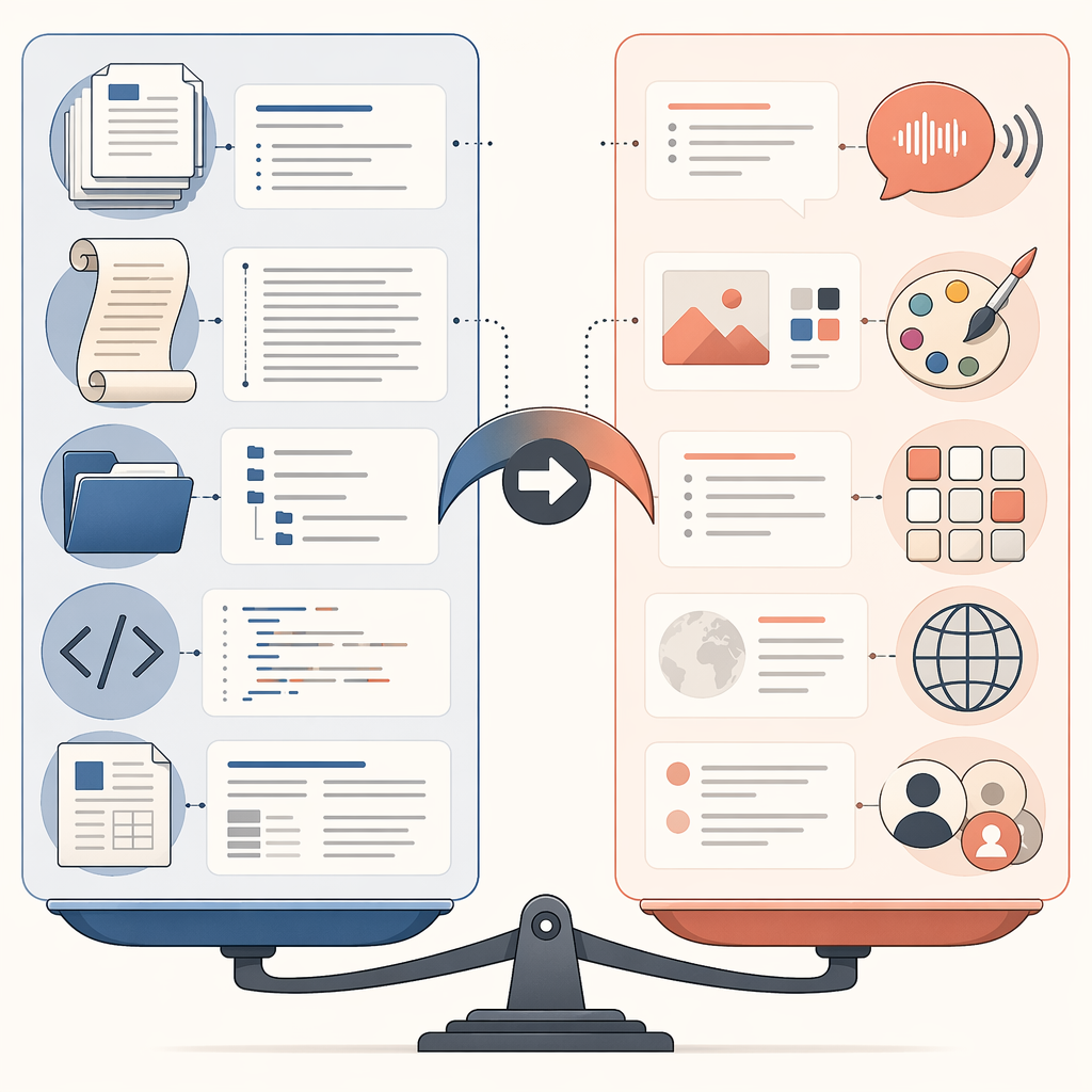 Minimalist comparison framework showing Claude's document and file strengths beside ChatGPT's voice, image, plugin, web, and collaboration strengths