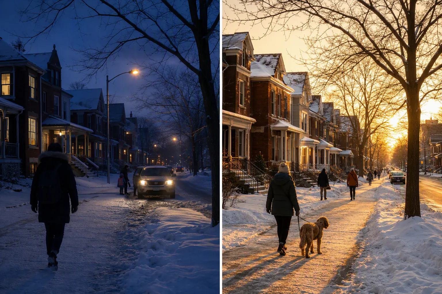 Split winter city street showing a dark morning commute and a brighter late-afternoon street scene