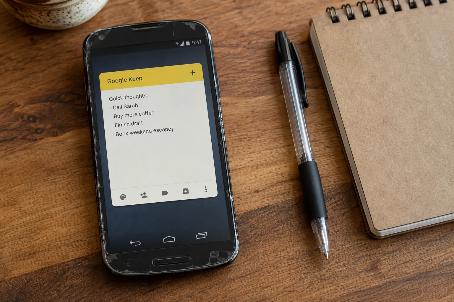 Older Android phone on a kitchen counter showing a minimal home screen with a single Google Keep note widget