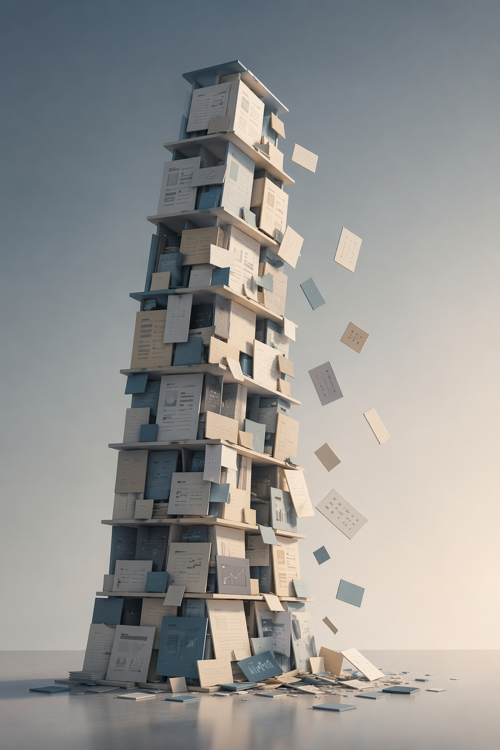 An unstable tower of interconnected note cards and digital fragments breaking apart