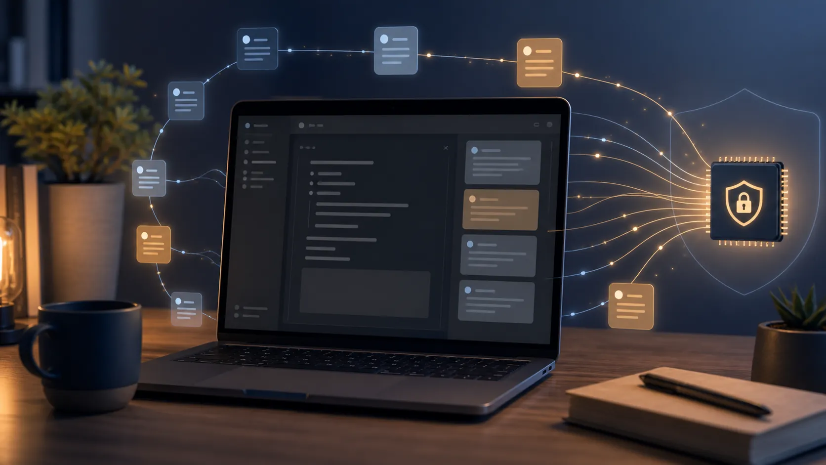 Laptop showing a private local markdown notes workspace connected to an on-device AI chip