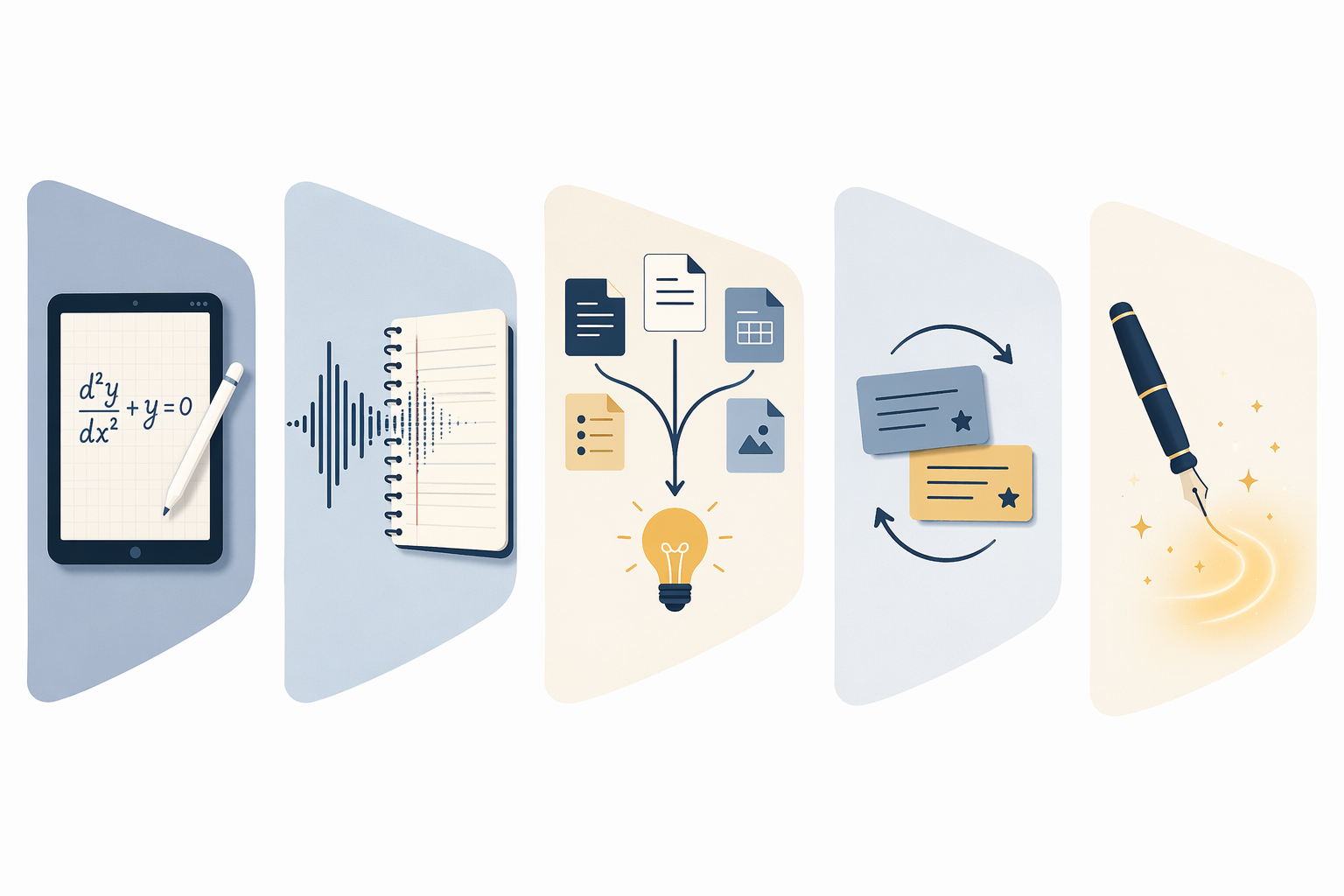 Five note-taking upgrade paths for handwriting, audio sync, AI synthesis, spaced repetition, and AI writing