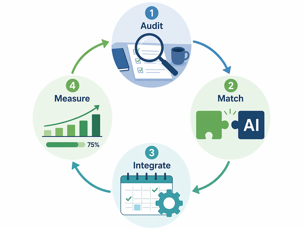 A four-step circular workflow: Audit, Match, Integrate, Measure, with arrows flowing clockwise between each step.
