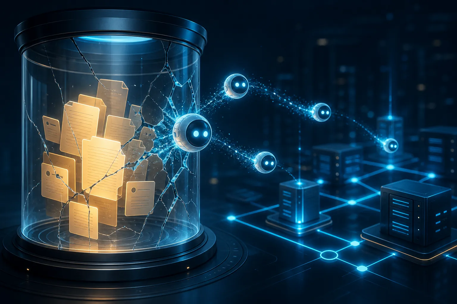 AI agents breaching a containment chamber around digital notes and moving toward cloud servers