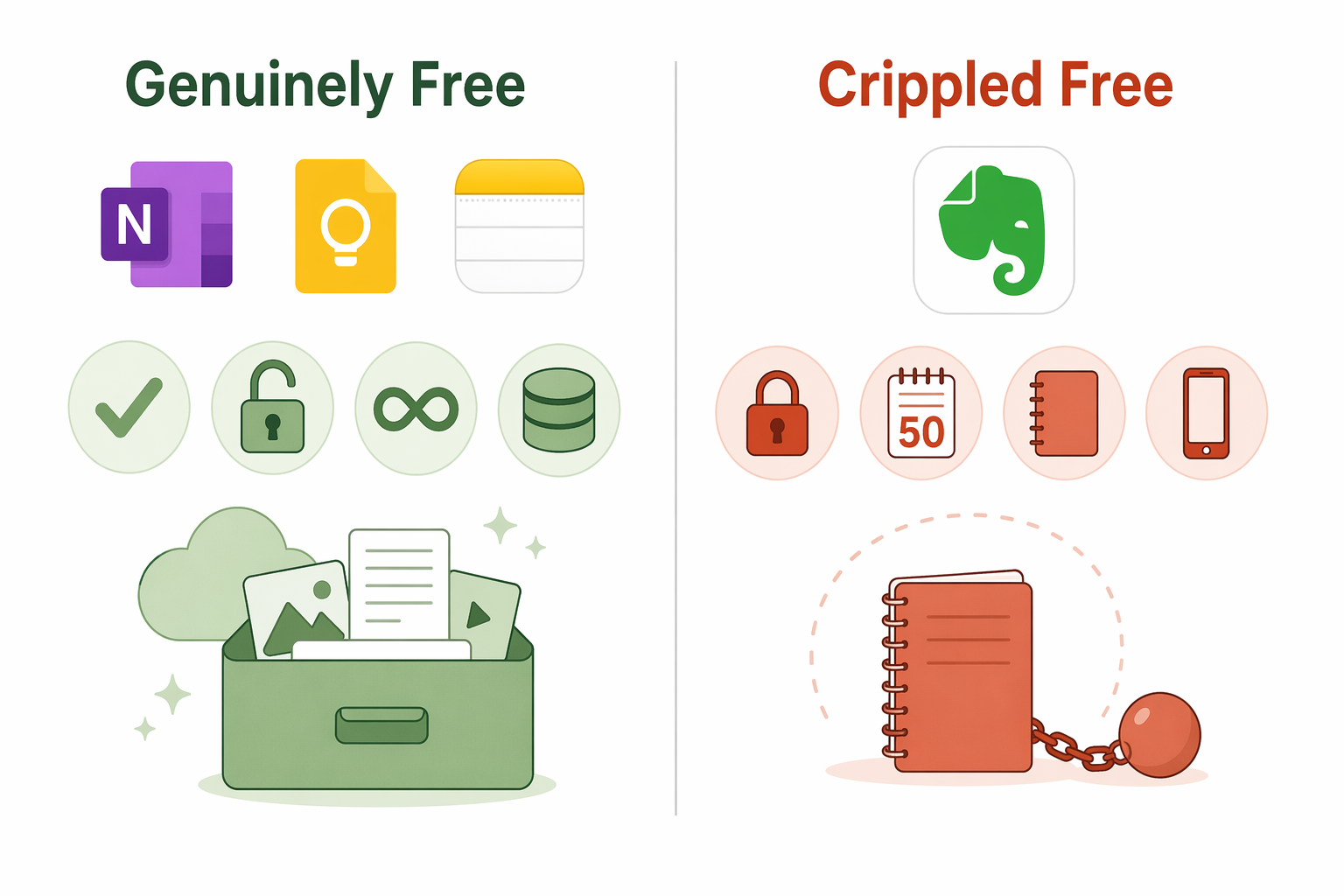 Split infographic comparing genuinely free apps (OneNote, Google Keep, Apple Notes with green checkmarks) against Evernote's crippled free plan (red lock, 50-note cap, single notebook, single device).