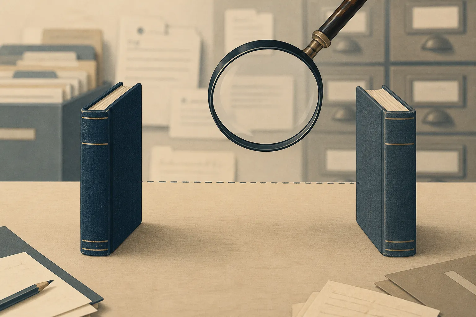 Two separate hardcover book spines on a desk with a magnifying glass over the gap between them