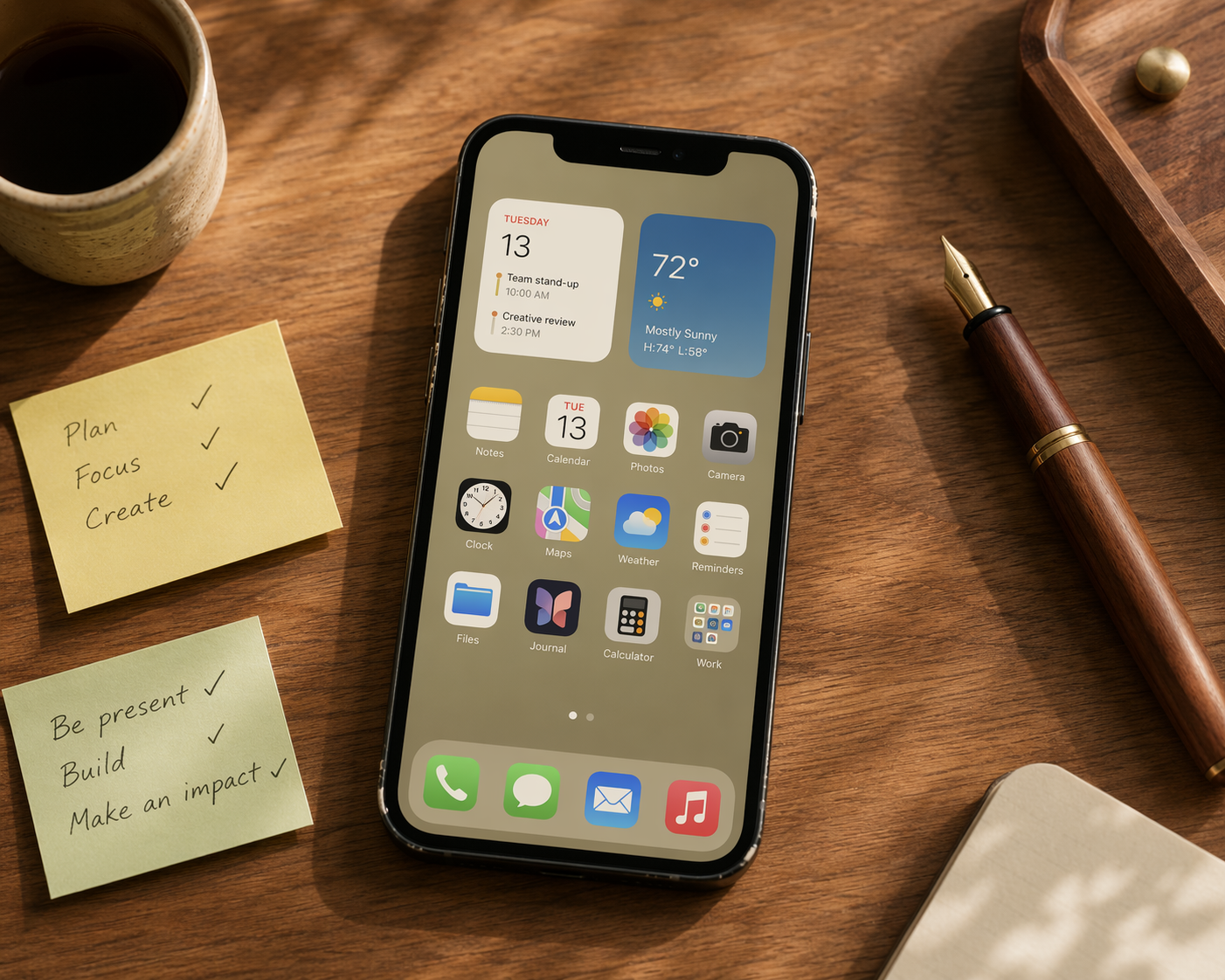Older iPhone with an organized home screen on a wooden desk beside sticky notes, coffee, and a pen