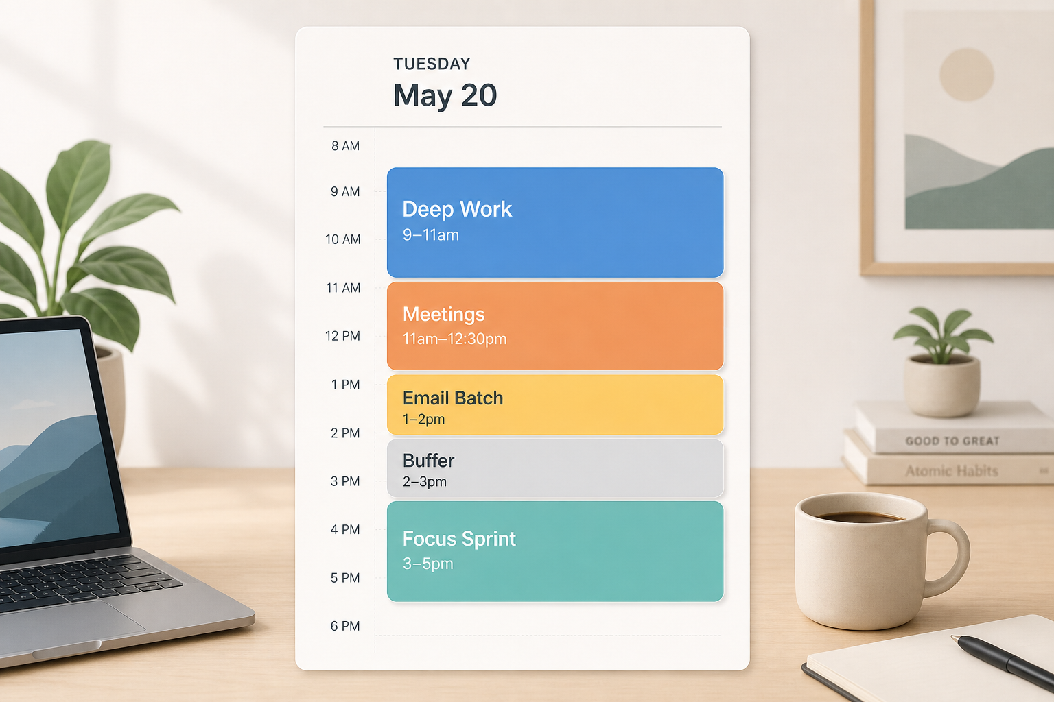 A flat-design vertical day-view calendar showing five color-coded time blocks: Deep Work 9–11am in blue, Meetings in orange, Email Batch in yellow, Buffer in light gray, and Focus Sprint in teal.