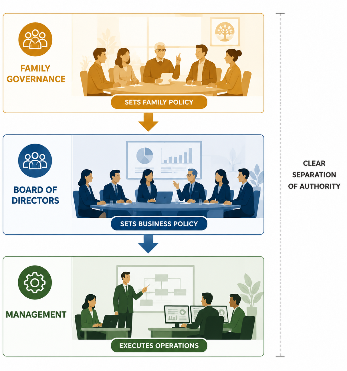 Three separate authority layers for family council, board of directors, and management
