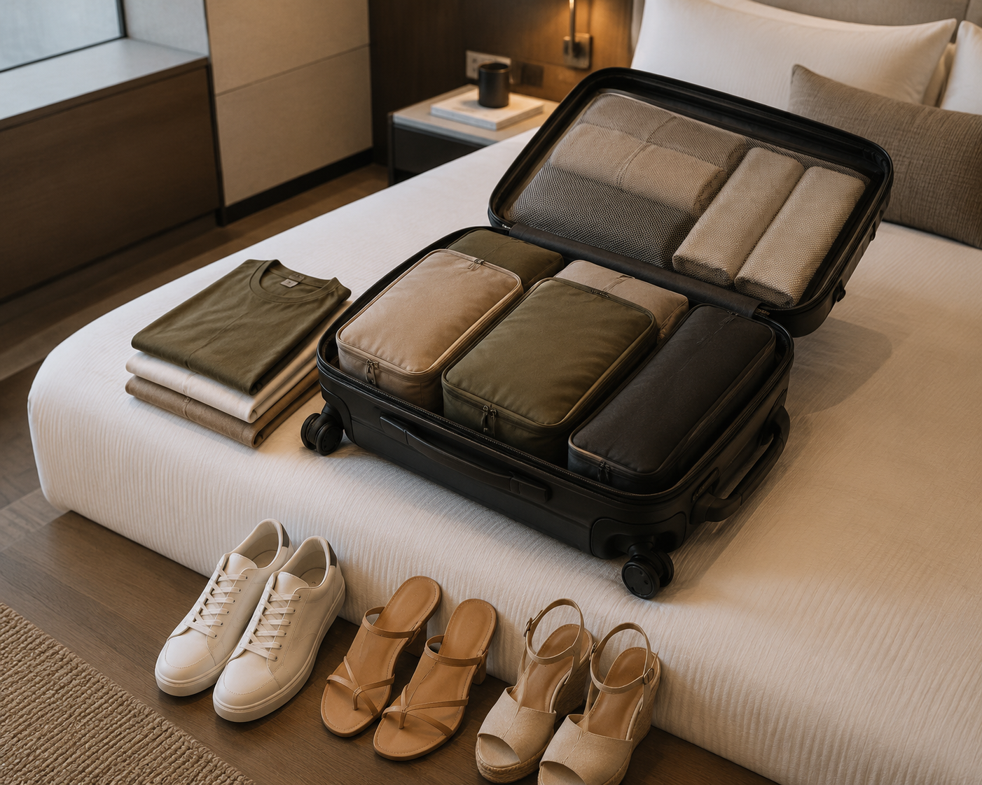 Open carry-on suitcase with compression packing cubes and three coordinated pairs of shoes