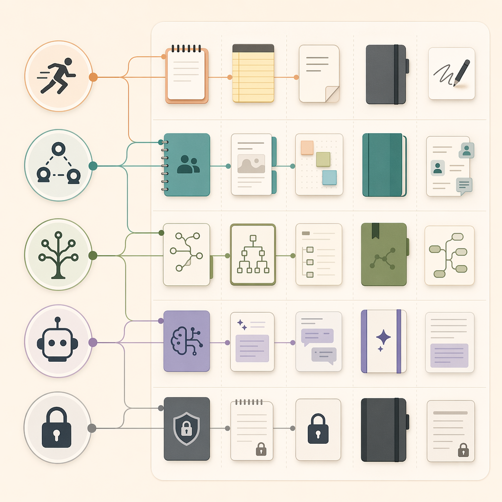 Matrix of user types for quick capture, team collaboration, knowledge management, AI-assisted work, and privacy-focused notes