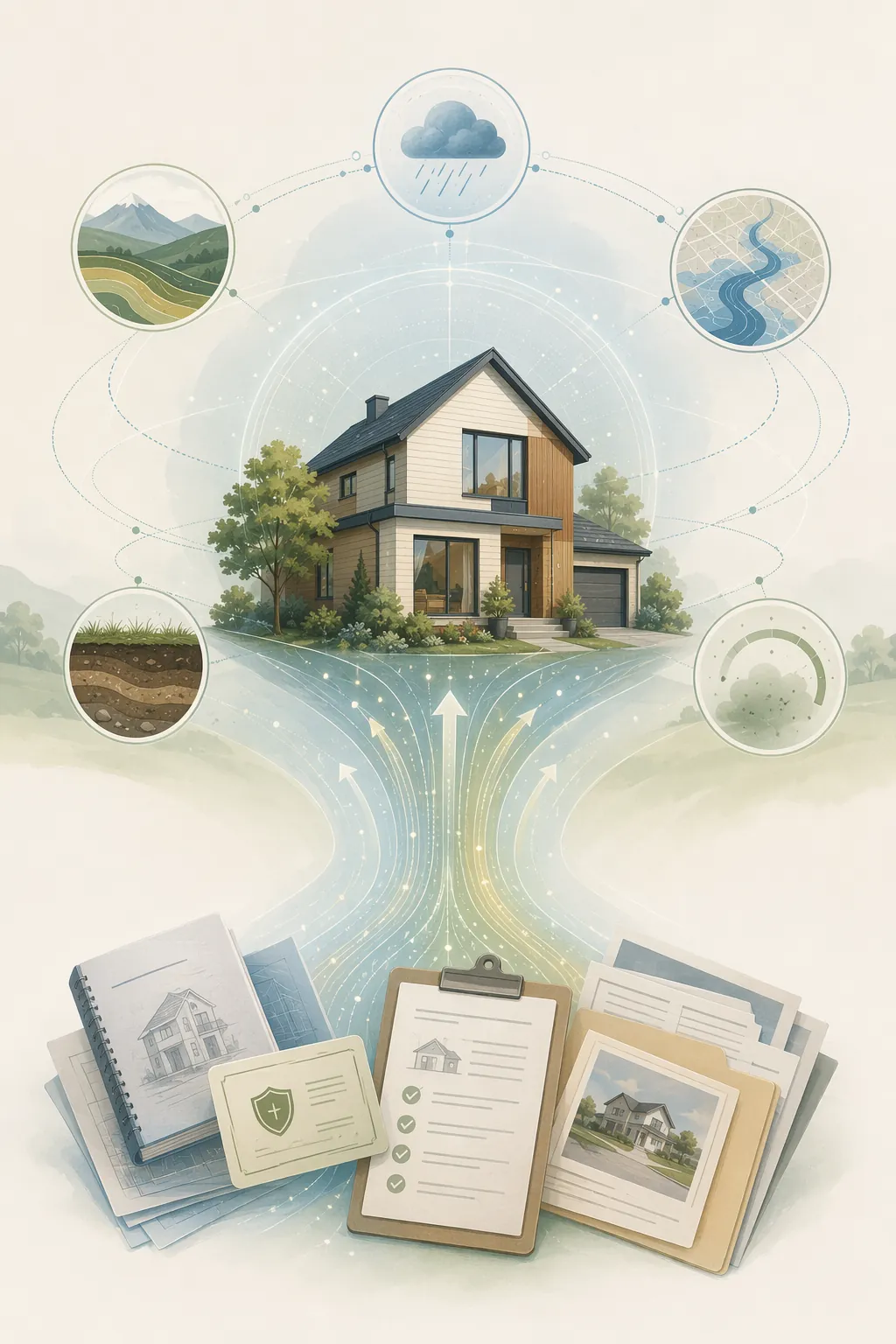 House surrounded by climate, soil, flood risk, air quality, weather, and document data layers