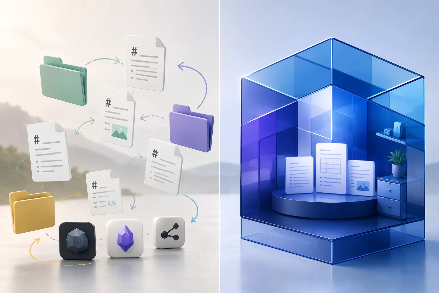 Split illustration comparing portable Markdown files with an enclosed productivity ecosystem