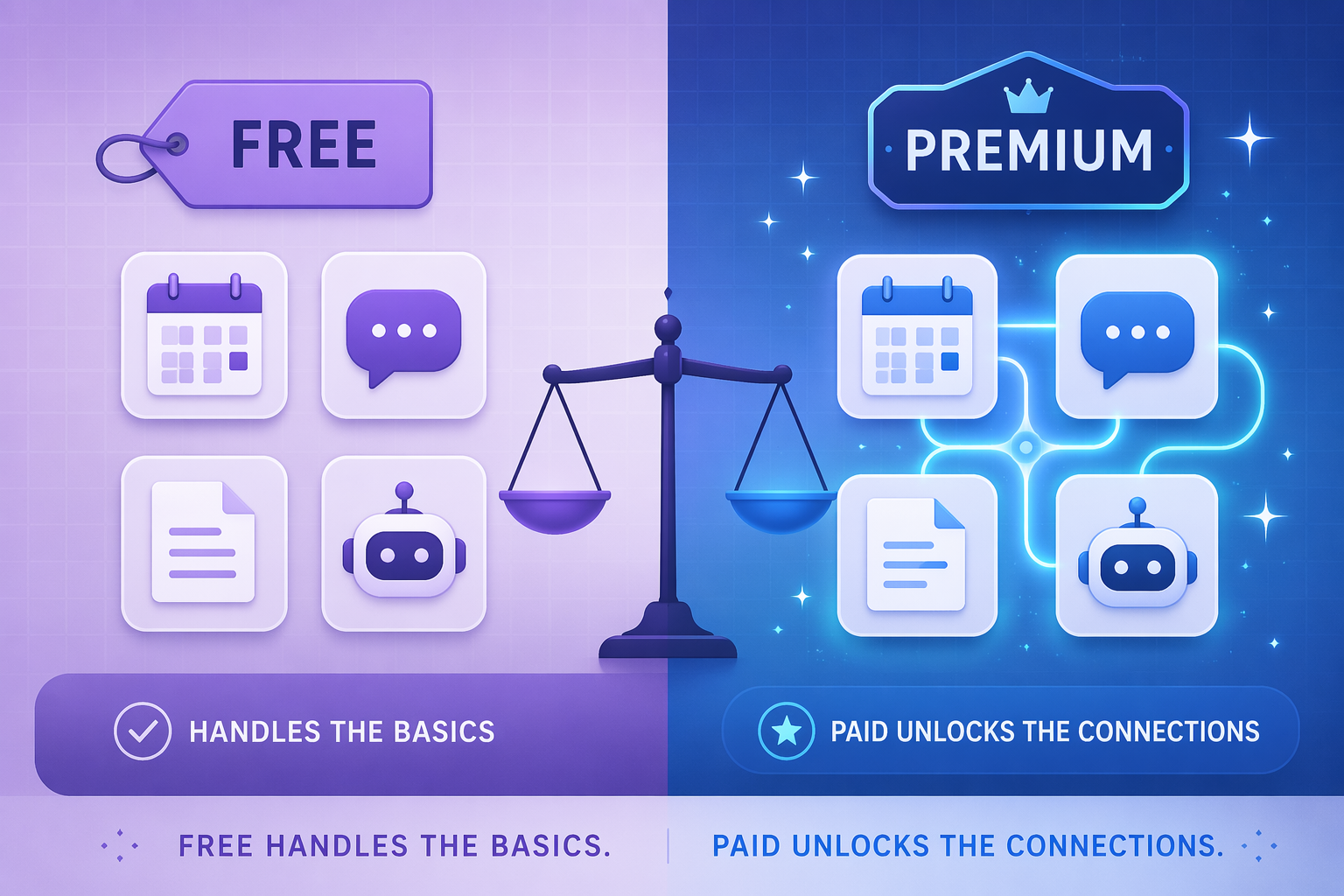 A split-screen flat vector illustration on a purple-blue gradient background with a subtle grid. The left side shows a 'FREE' label above four simple app icons (calendar, chat bubble, document, robot head). The right side shows a 'PREMIUM' badge above the same four icons connected by glowing lines with sparkle accents. A scale motif sits between the two sides.
