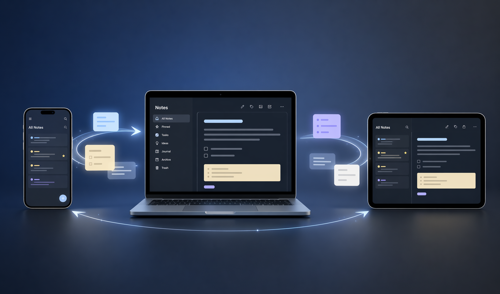 Smartphone laptop and tablet connected by glowing note sync lines