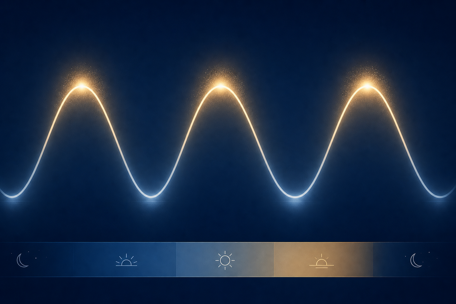 Sine wave diagram on a navy background showing repeating 90-minute peak performance windows alternating with 15–20 minute recovery troughs across a working day.