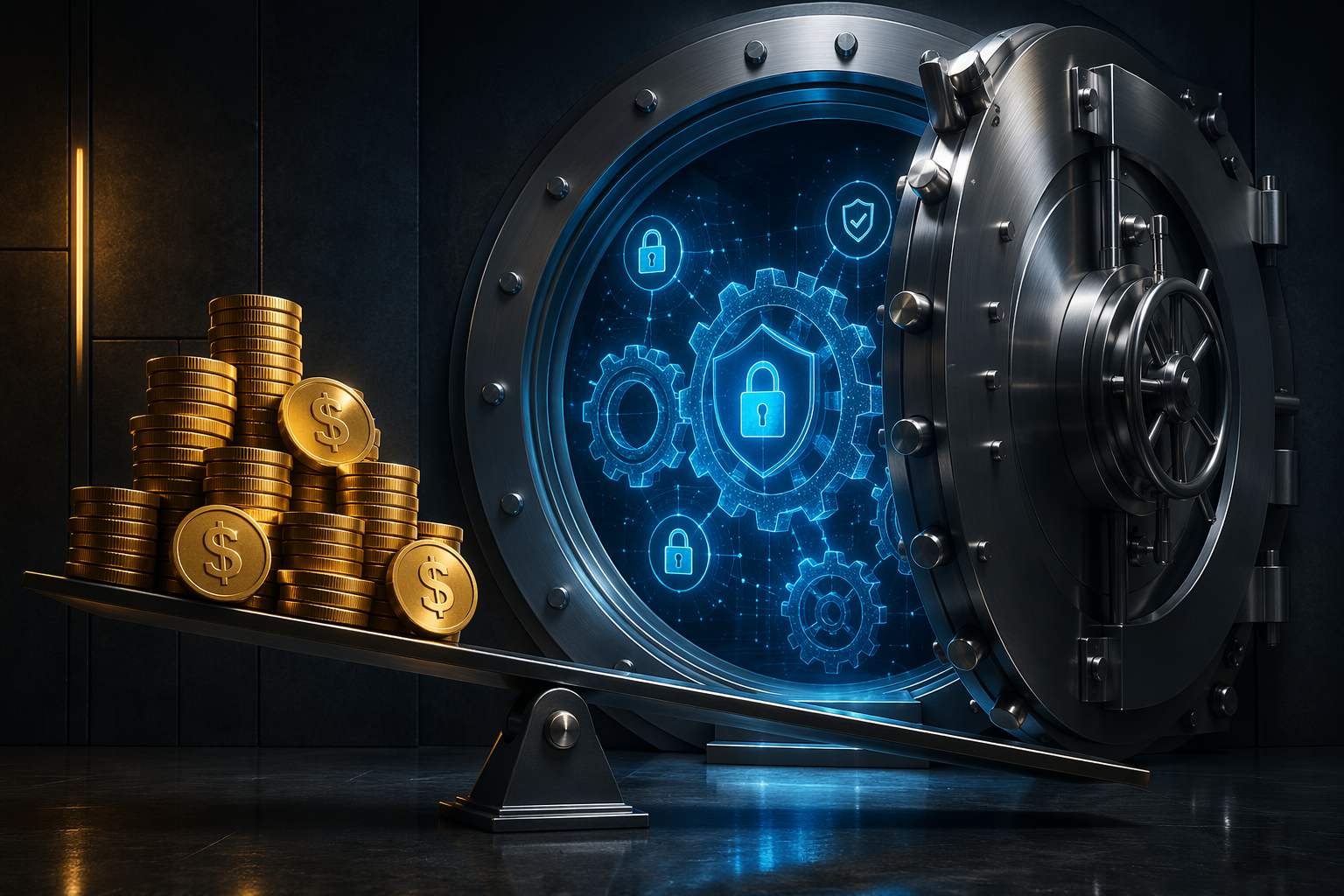Enterprise security vault with digital automation symbols and a scale weighted by high cost
