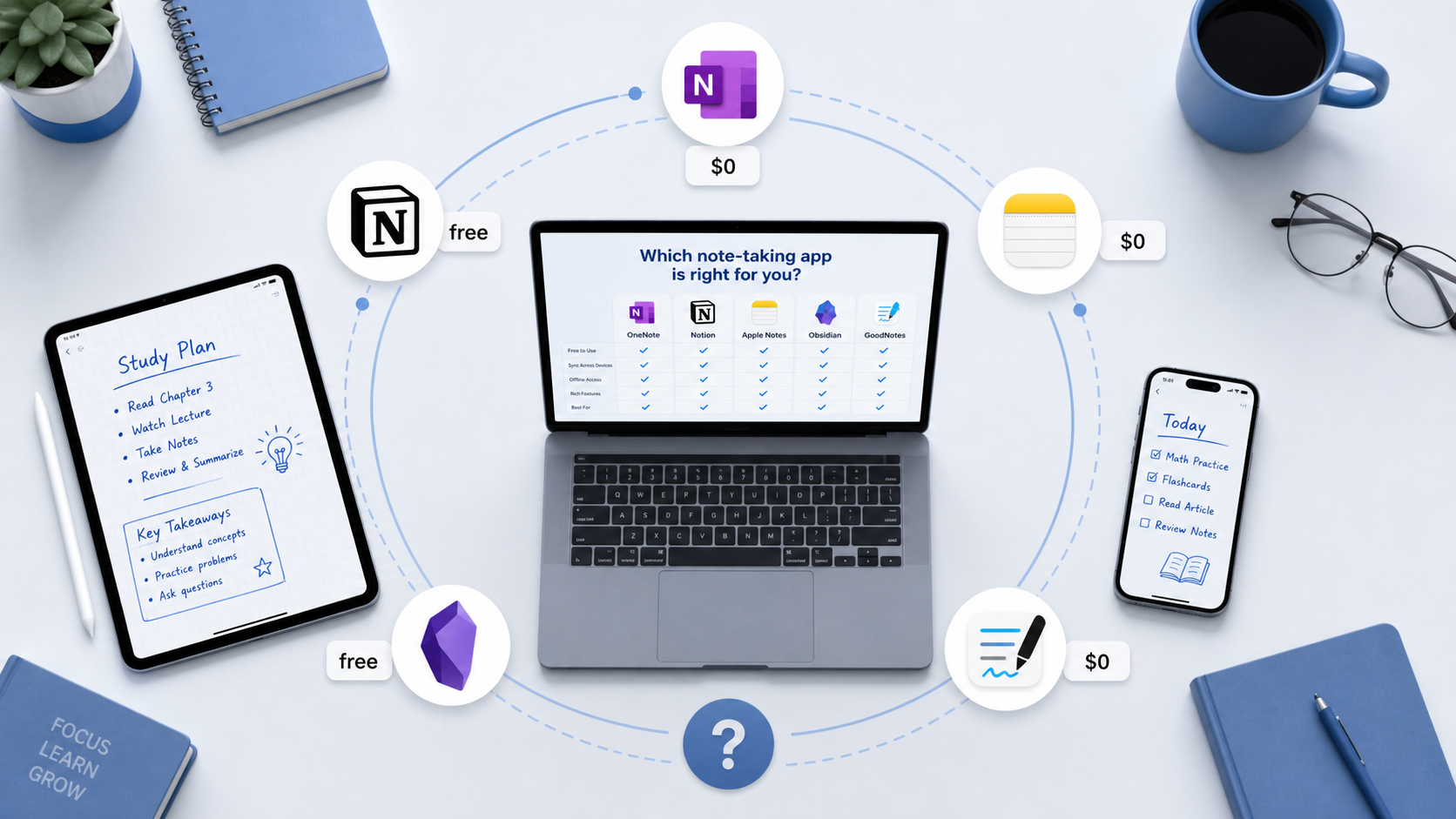 A flat-lay student desk with devices and floating app icons showing $0 price tags.
