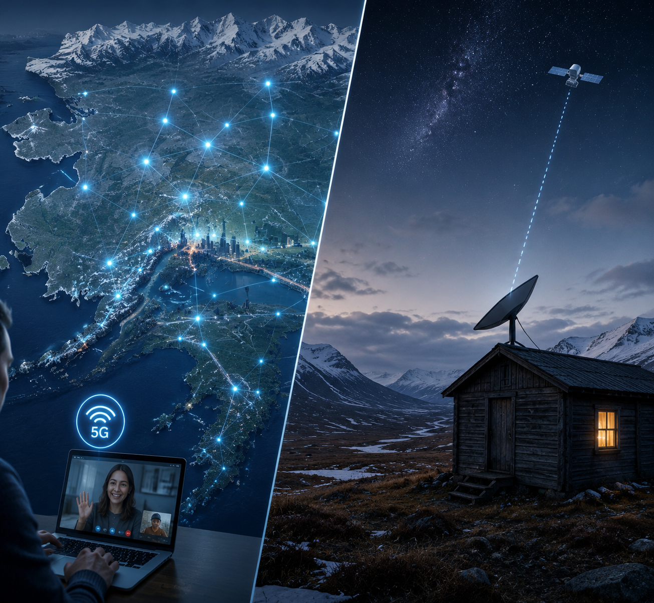 Split-view illustration of Alaska showing GCI 5G coverage on one side and a remote Starlink-equipped cabin on the other